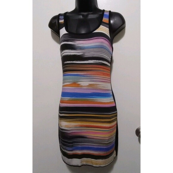Vtg 90s Trina By Trina Turk Racerback Mini Dress Watercolor Medium Stretch Lined - Picture 2 of 9